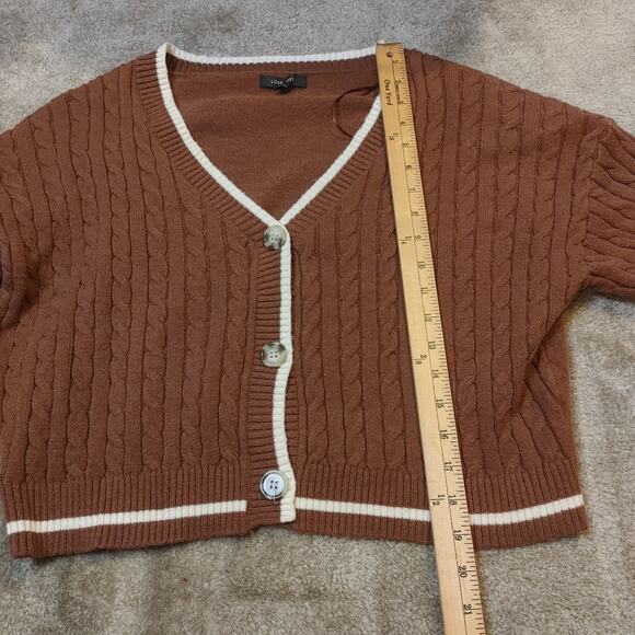 Love Tree Size Medium M Brown White Trim Cropped Sweater y2k Style Big Buttons - Picture 7 of 9